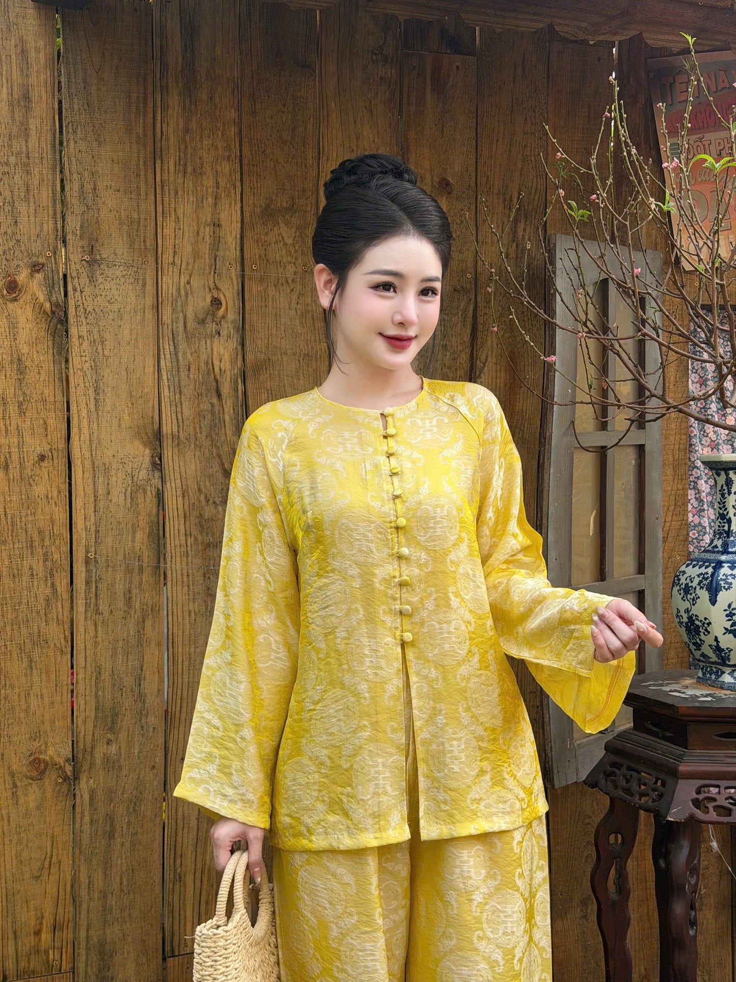 Vietnamese Ao Ba Ba Silk Set – Yellow Jacquard Tunic and Pants