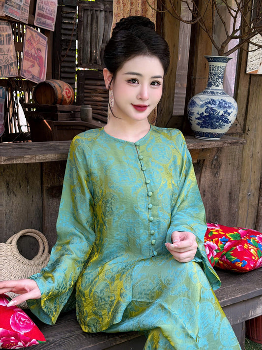 Teal Gold Silk Ao Ba Ba Set – Vietnamese Traditional Tunic Pants Heritage Clothing