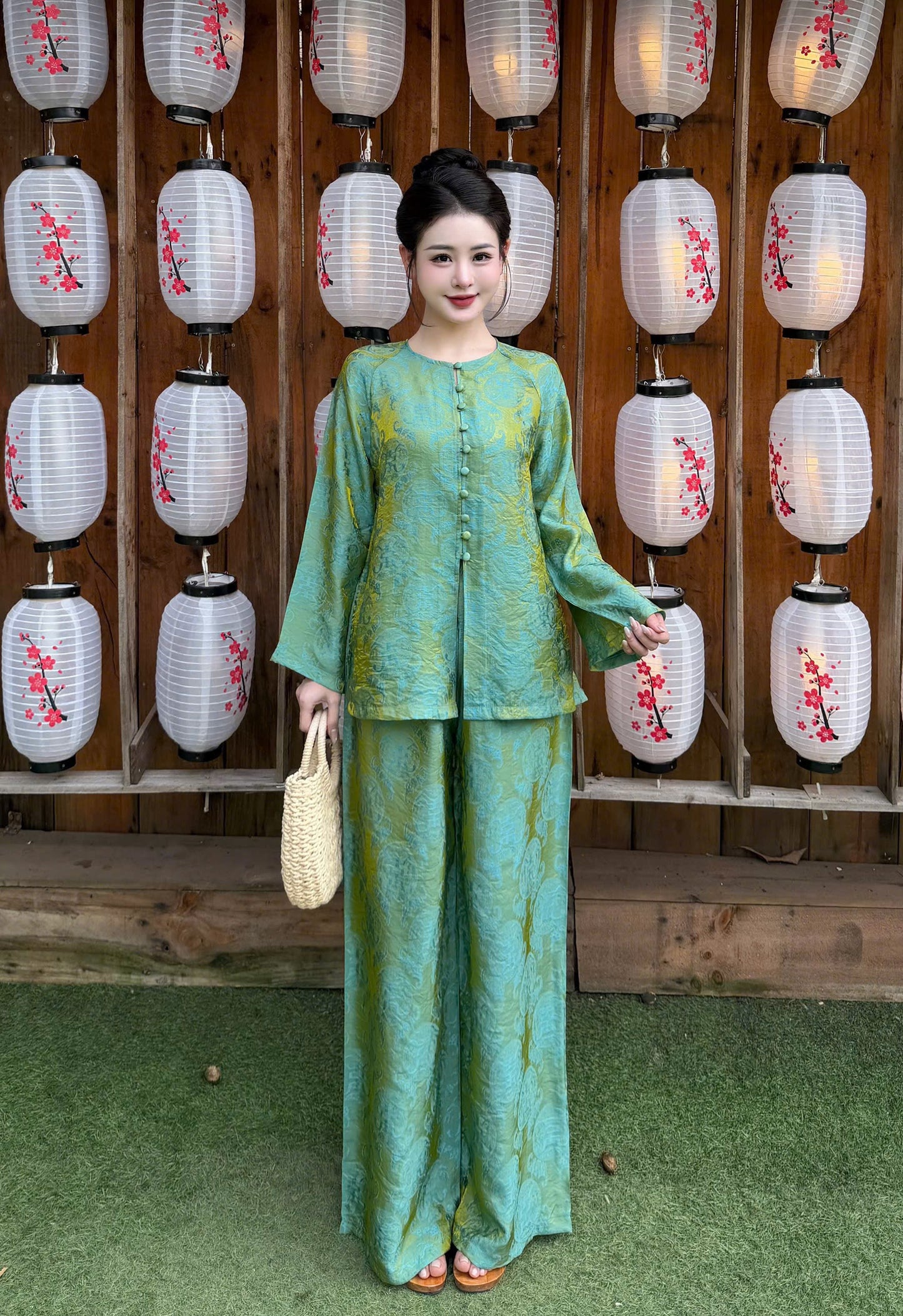 Teal Gold Silk Ao Ba Ba Set – Vietnamese Traditional Tunic Pants Heritage Clothing