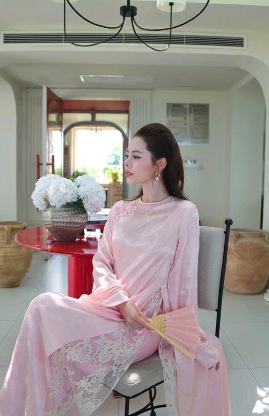 Pastel Pink Jacquard Ao Dai with Delicate Floral Lace Inner Layer - Modern Vietnamese Traditional Dress - Lunar New Year outfit