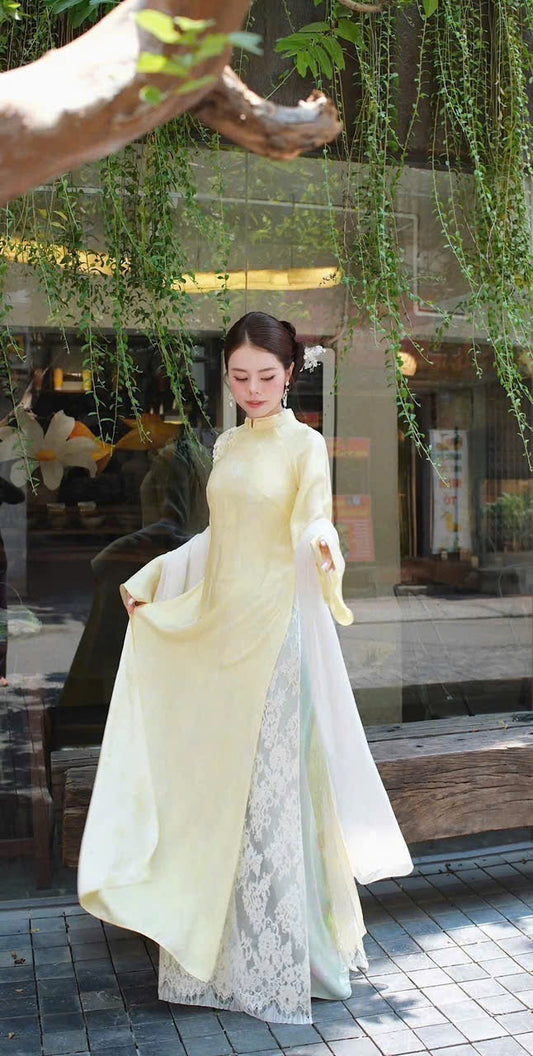 Pastel Yellow Ao Dai with Floral Lace Overlay - Elegant Modern Vietnamese Traditional Dress with pants