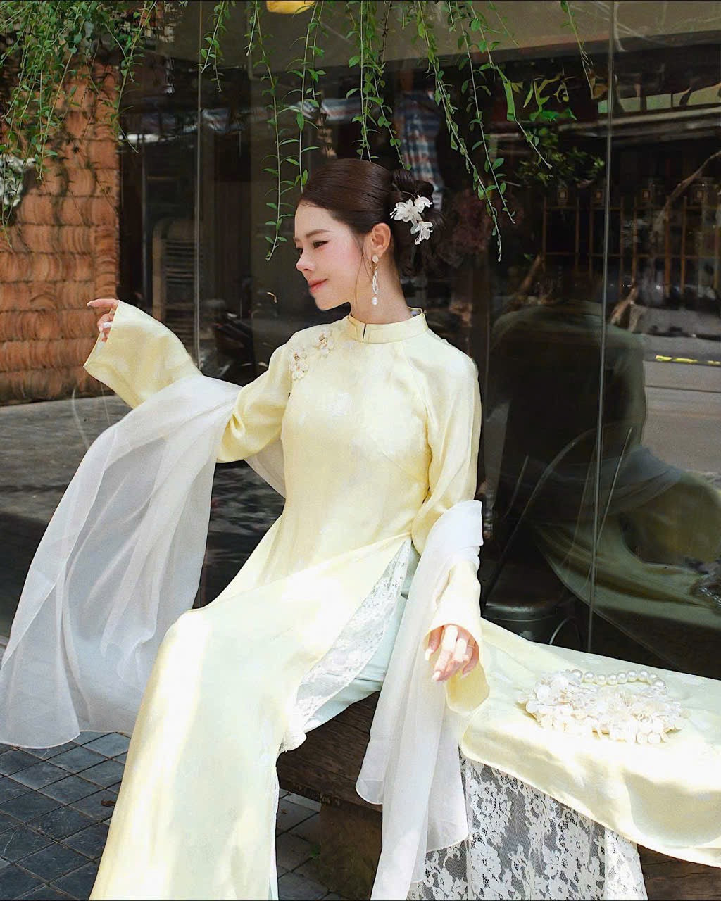 Pastel Yellow Ao Dai with Floral Lace Overlay - Elegant Modern Vietnamese Traditional Dress with pants