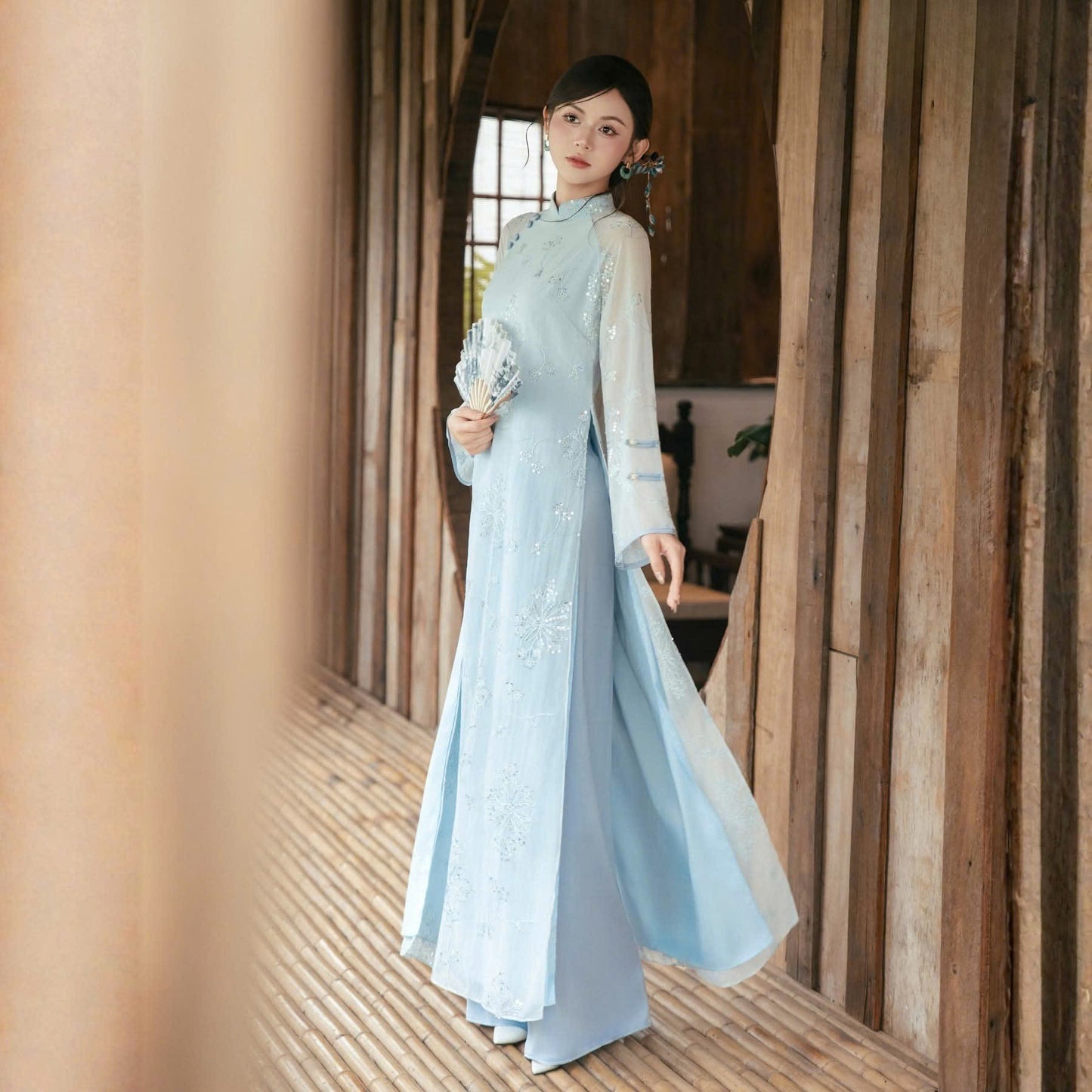 Light Blue Ao Dai Set | Modern Vietnamese Long Dress with Pants | Ao Dai Cach Tan