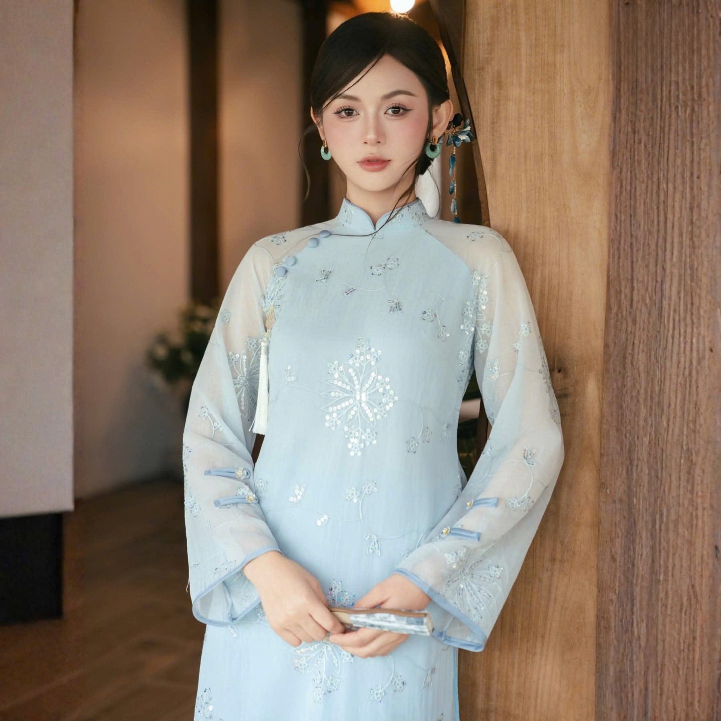 Light Blue Ao Dai Set | Modern Vietnamese Long Dress with Pants | Ao Dai Cach Tan