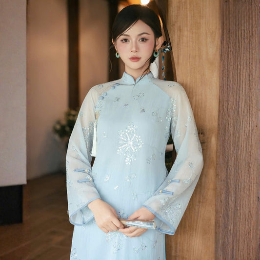 Light Blue Ao Dai Set | Modern Vietnamese Long Dress with Pants | Ao Dai Cach Tan