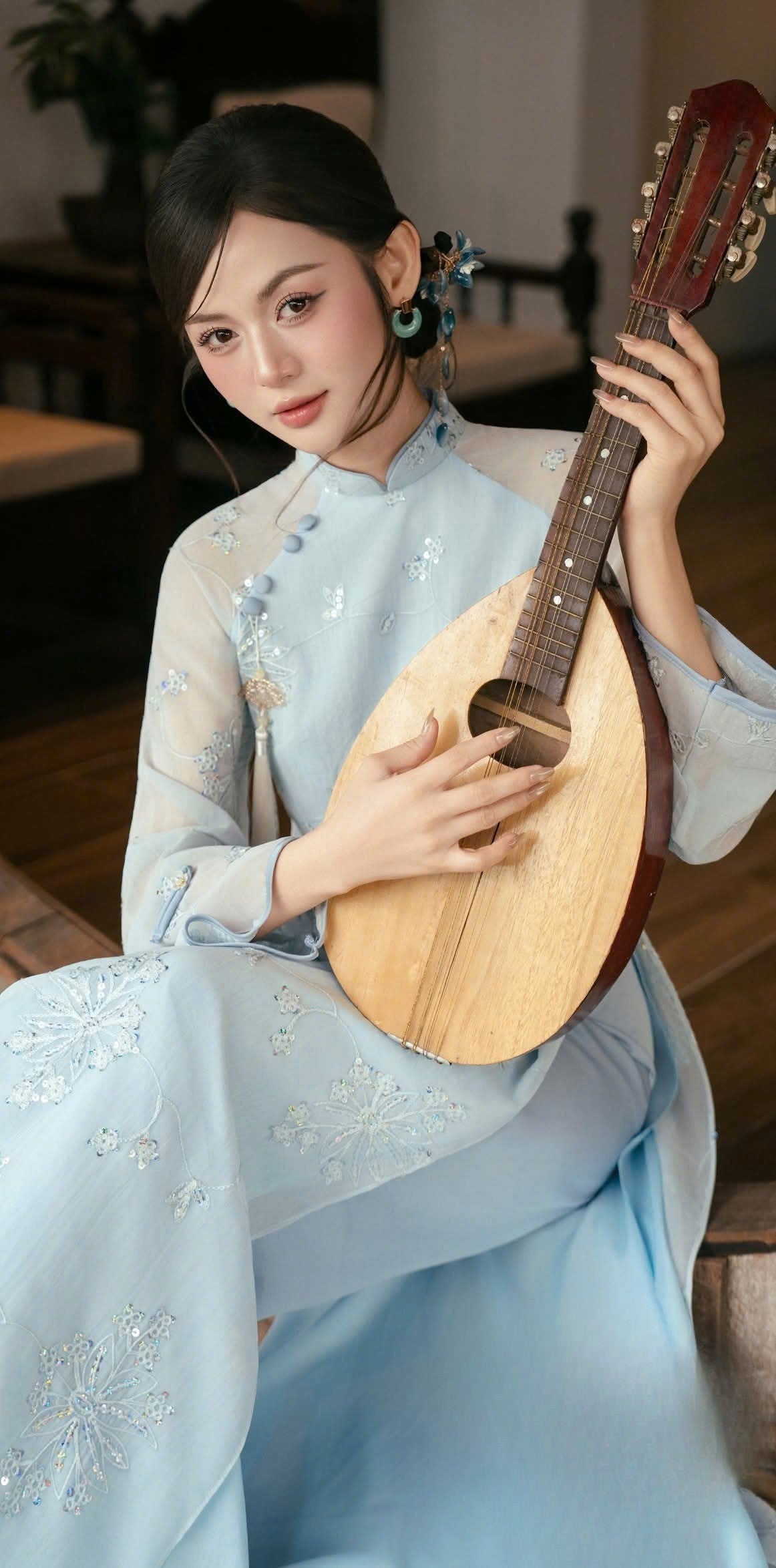 Light Blue Ao Dai Set | Modern Vietnamese Long Dress with Pants | Ao Dai Cach Tan