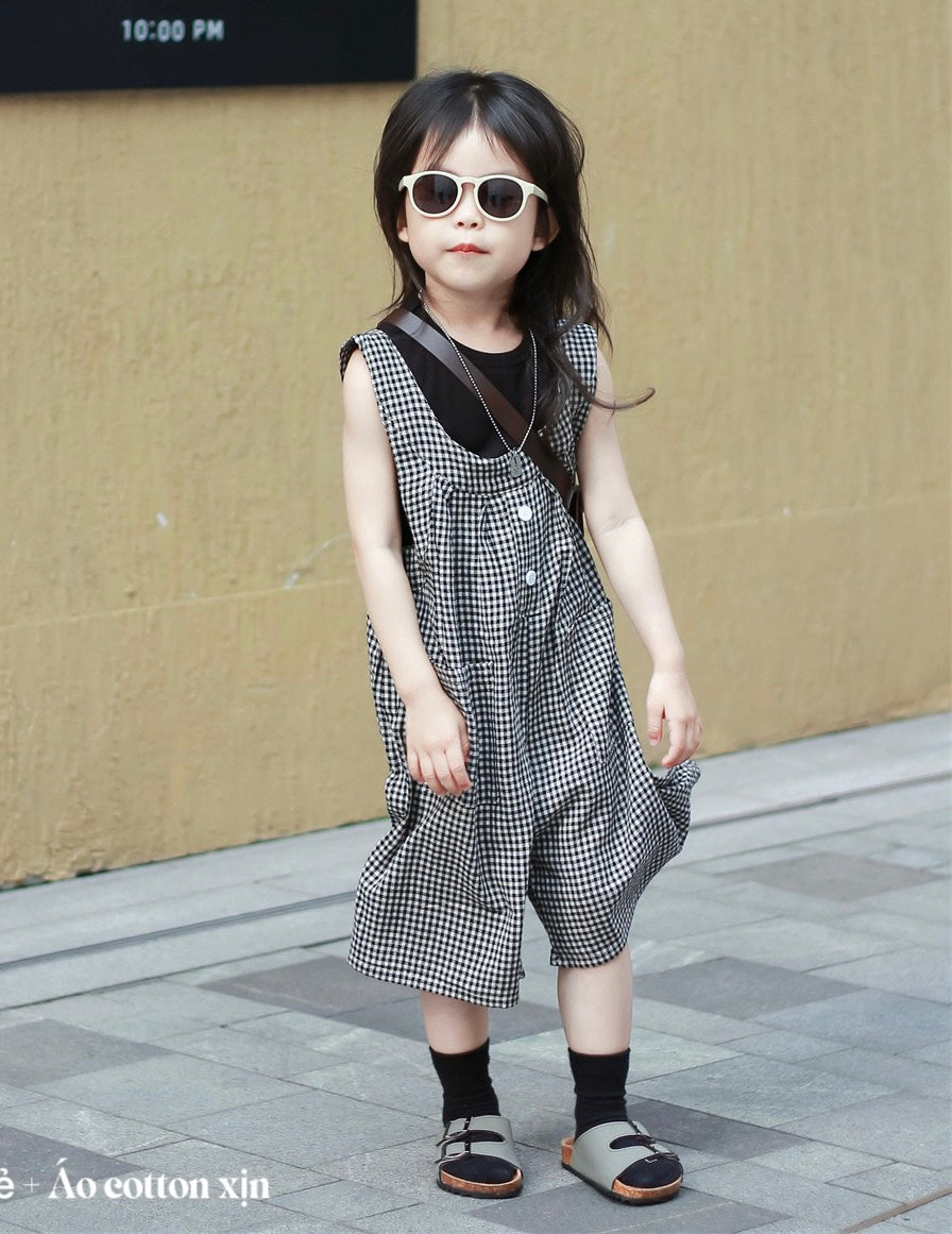BLACK TANK-TOP AND CHECKERBOARD OVERALL SET
