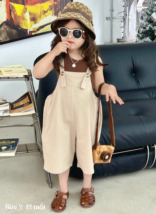 BROWN TANK-TOP WITH BEIGE OVERALL SET